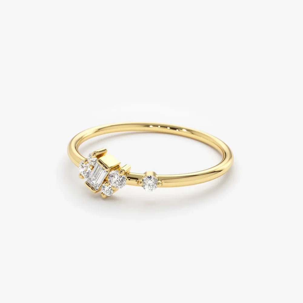 14K Solid Gold 0.15 Ctw Slanted Baguette and Round Diamond Asymmetrical Ring