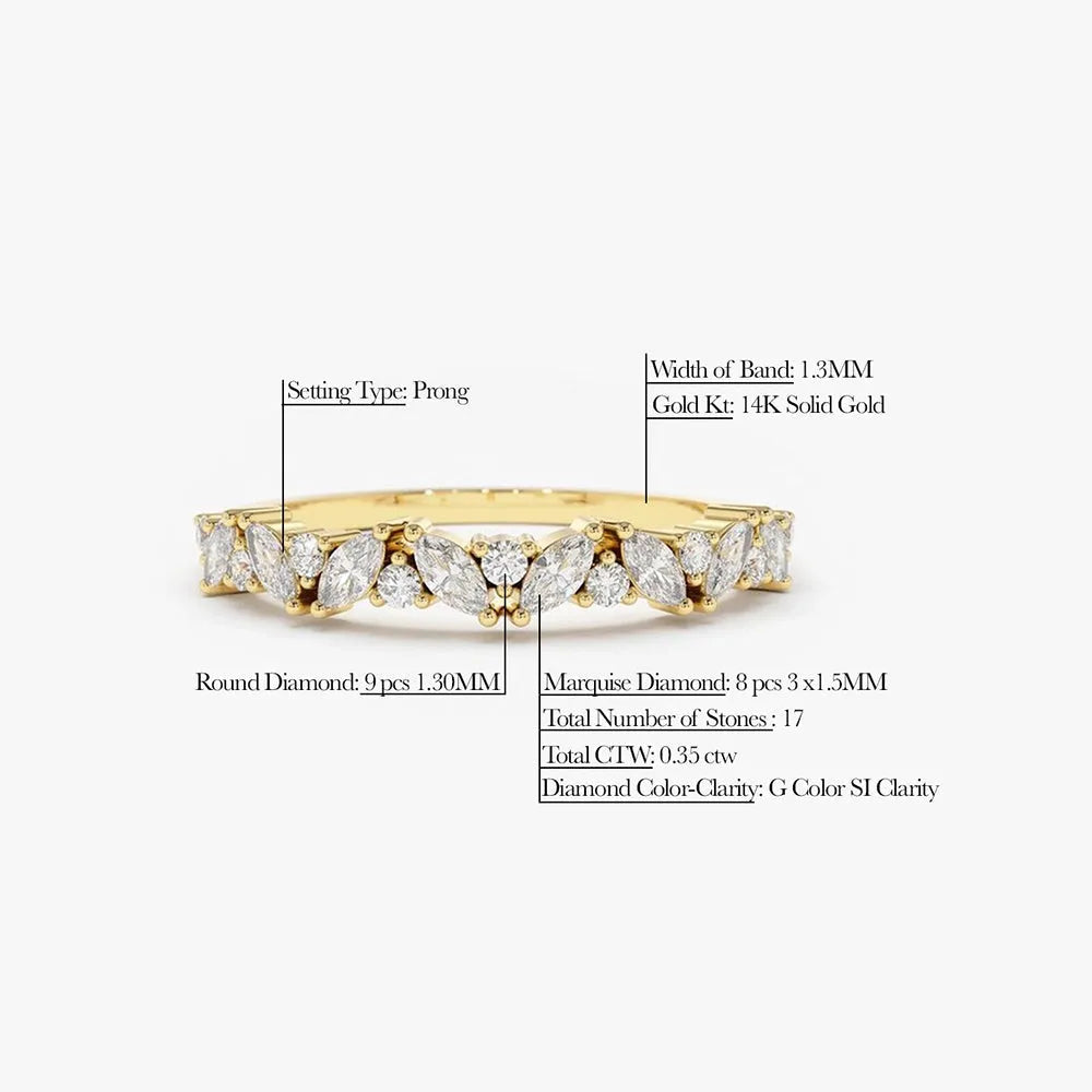 14k Solid Gold Marquise and Round Diamond Slanted Prong Set Ring 0.35 Carat