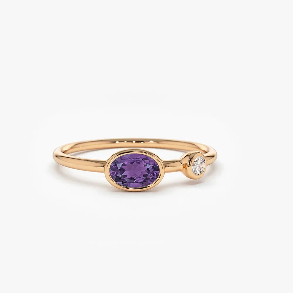 14K Solid Gold Oval Amethyst and Diamond 0.52ctw Bezel Set Ring