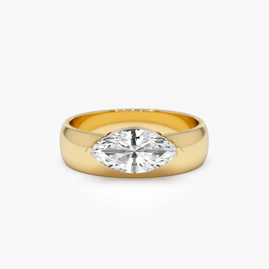 14k Gold 1.00 Carat Lab Grown Diamond Marquise Solitaire Wide Band Ring Solara