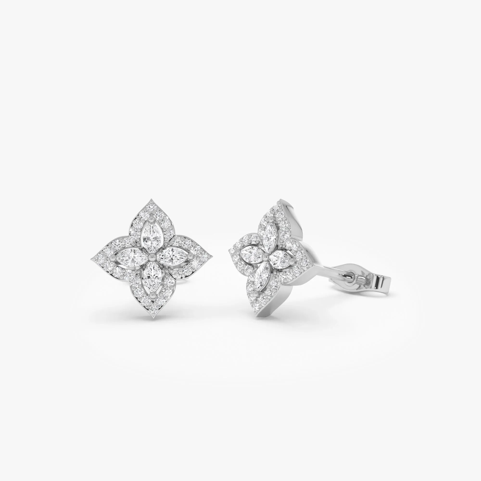 14k Gold Diamond Round and Marquise Cut Petal Halo Stud Earrings 0.45 ctw