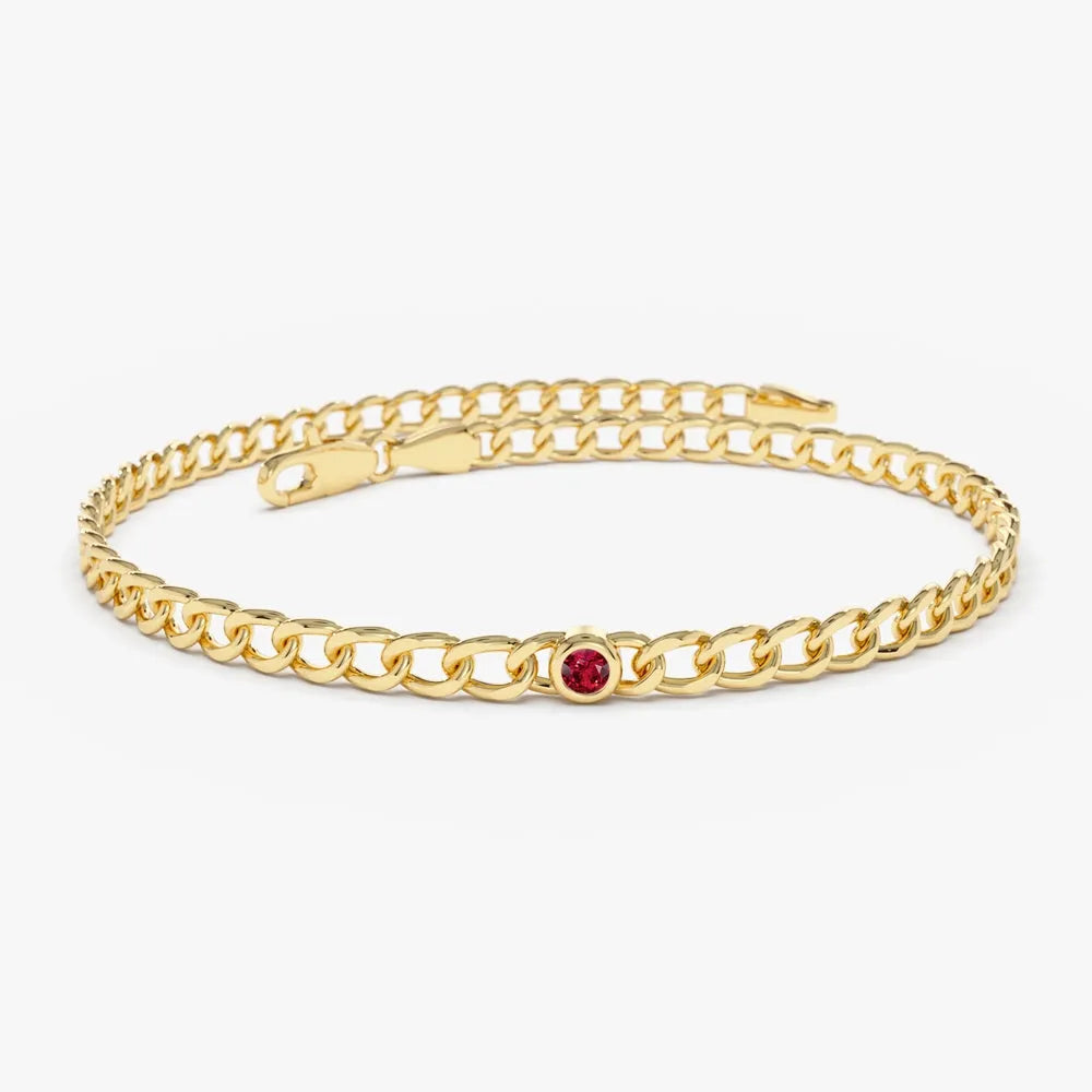 14K Solid Gold 0.25ctw Round Ruby Cuban Link Bezel Set Bracelet