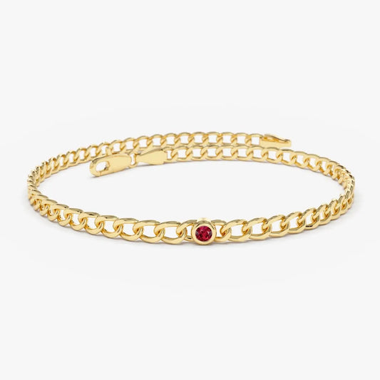 14K Solid Gold 0.25ctw Round Ruby Cuban Link Bezel Set Bracelet