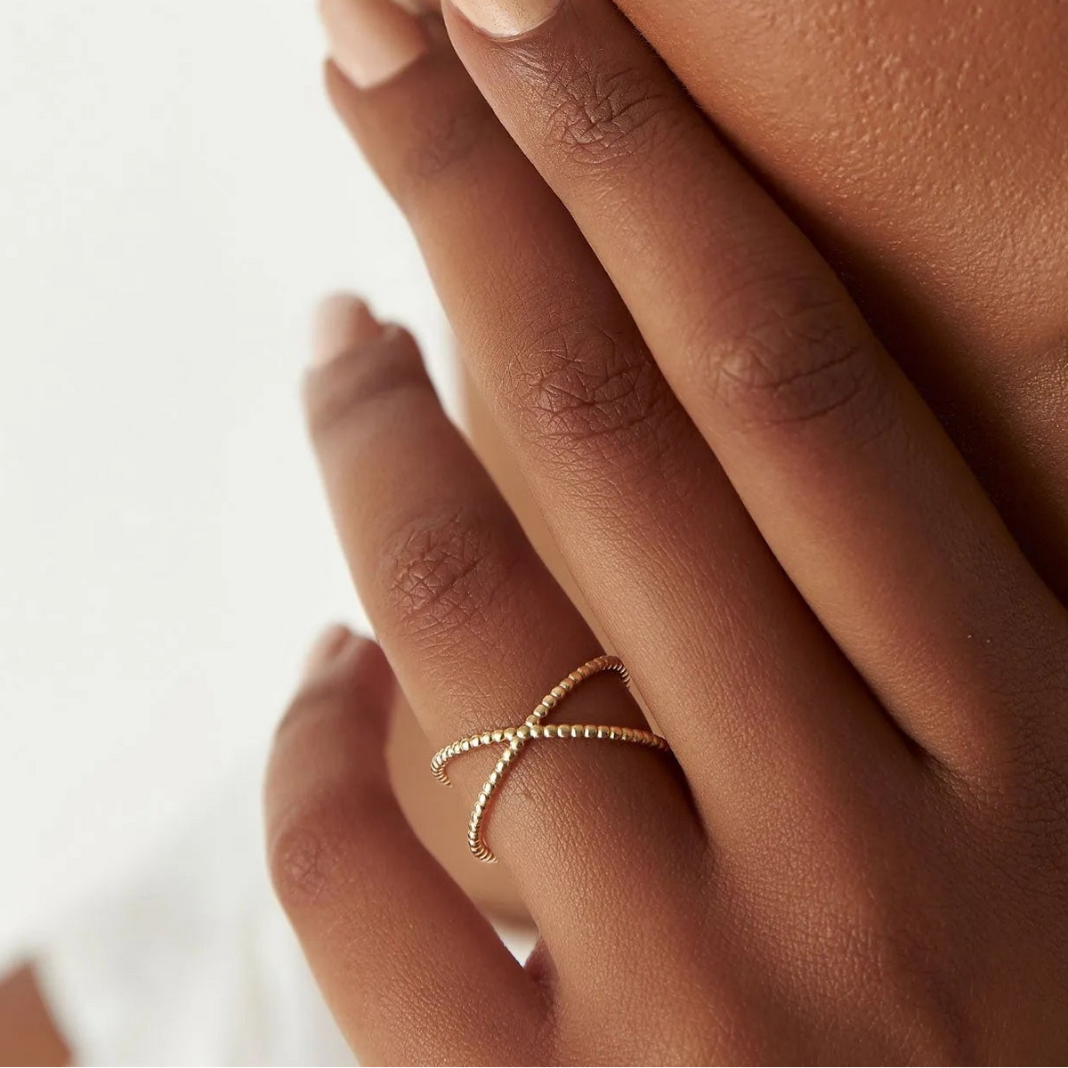 14k Solid Gold Beaded Band Criss Cross Statement Ring