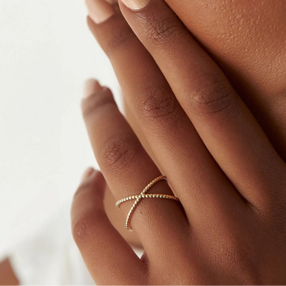 14k Solid Gold Beaded Band Criss Cross Statement Ring