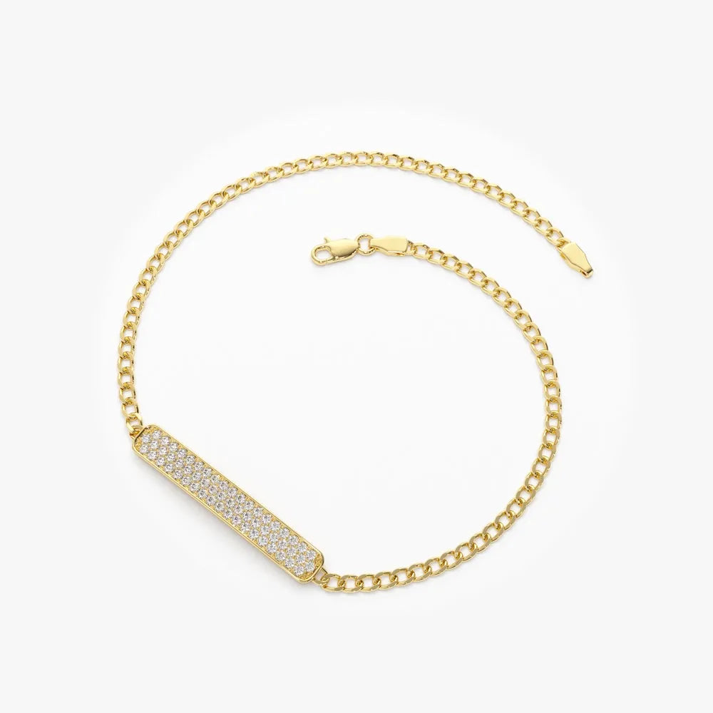 14K Solid Gold 0.39 CTW Round Diamond Pave Bar 3MM Curb Link Bracelet