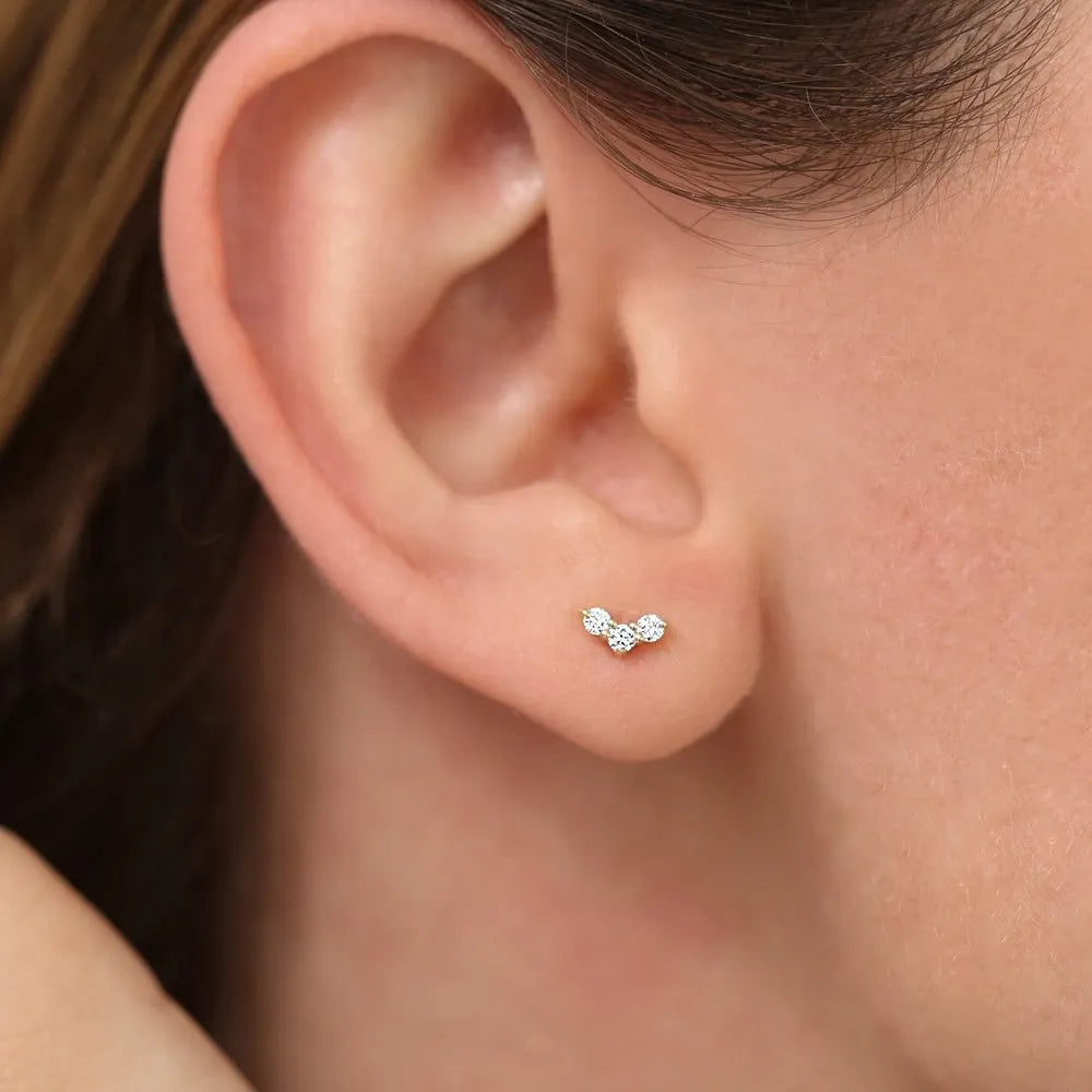 14k Gold Diamond Round Cut Mini Trio Stud Earrings 0.15 ctw
