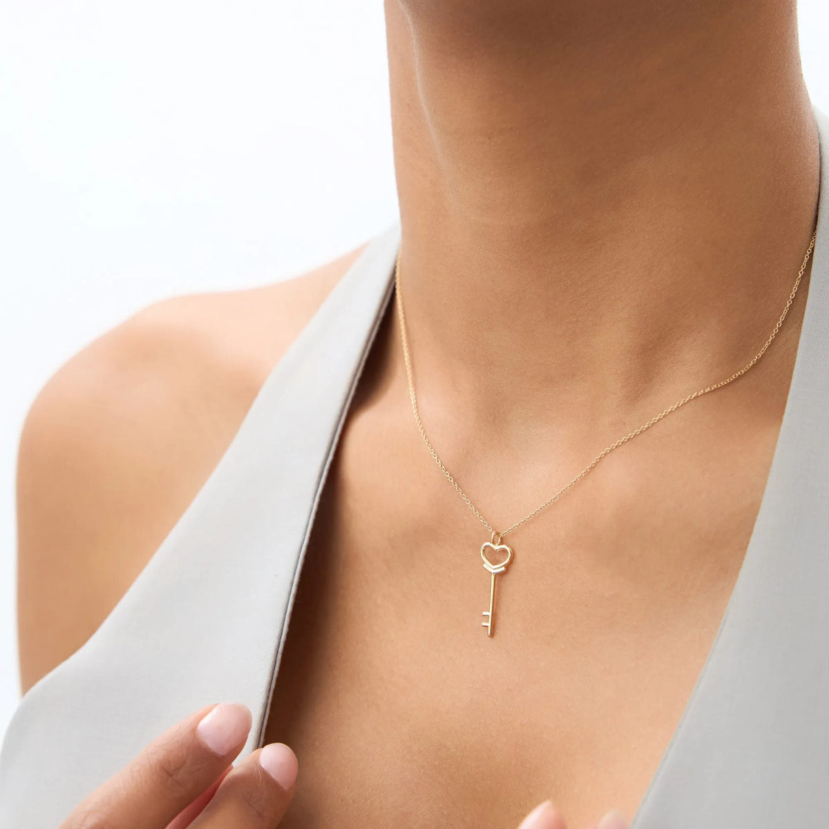 14k Solid Gold Heart Key Pendant Necklace