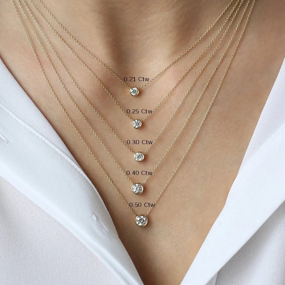 14K Solid Gold Round Diamond Solitaire Necklace Bezel Set 0.50ctw