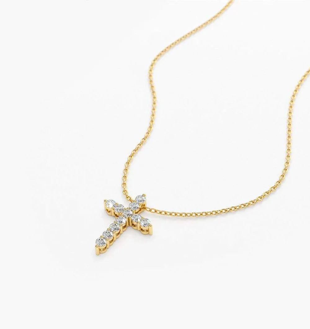 14K Solid Gold Round Diamond Cross Pendant Necklace Prong Setting 0.35ctw