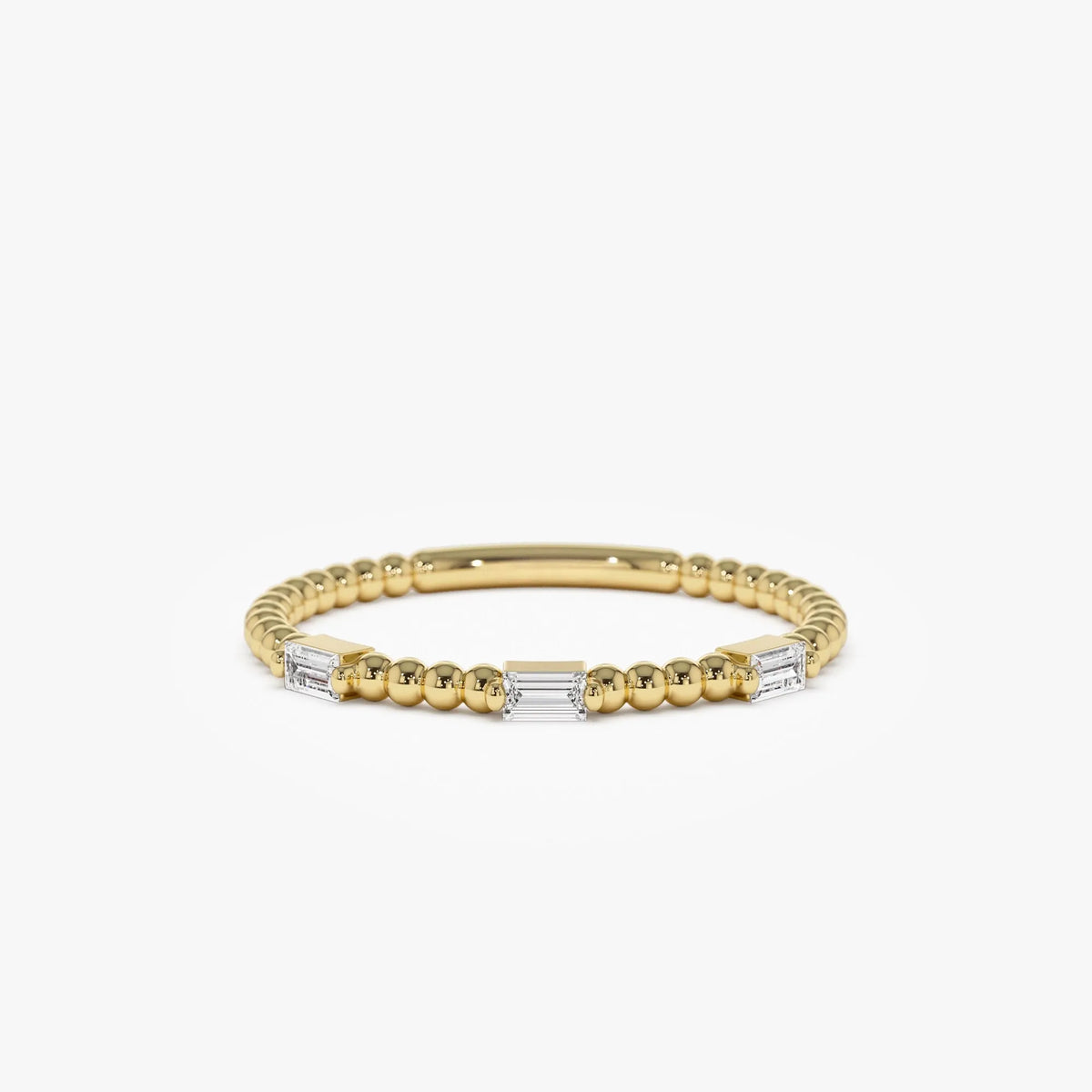 14K Solid Gold Baguette Diamond Beaded Minimalist Ring 0.12 CTW