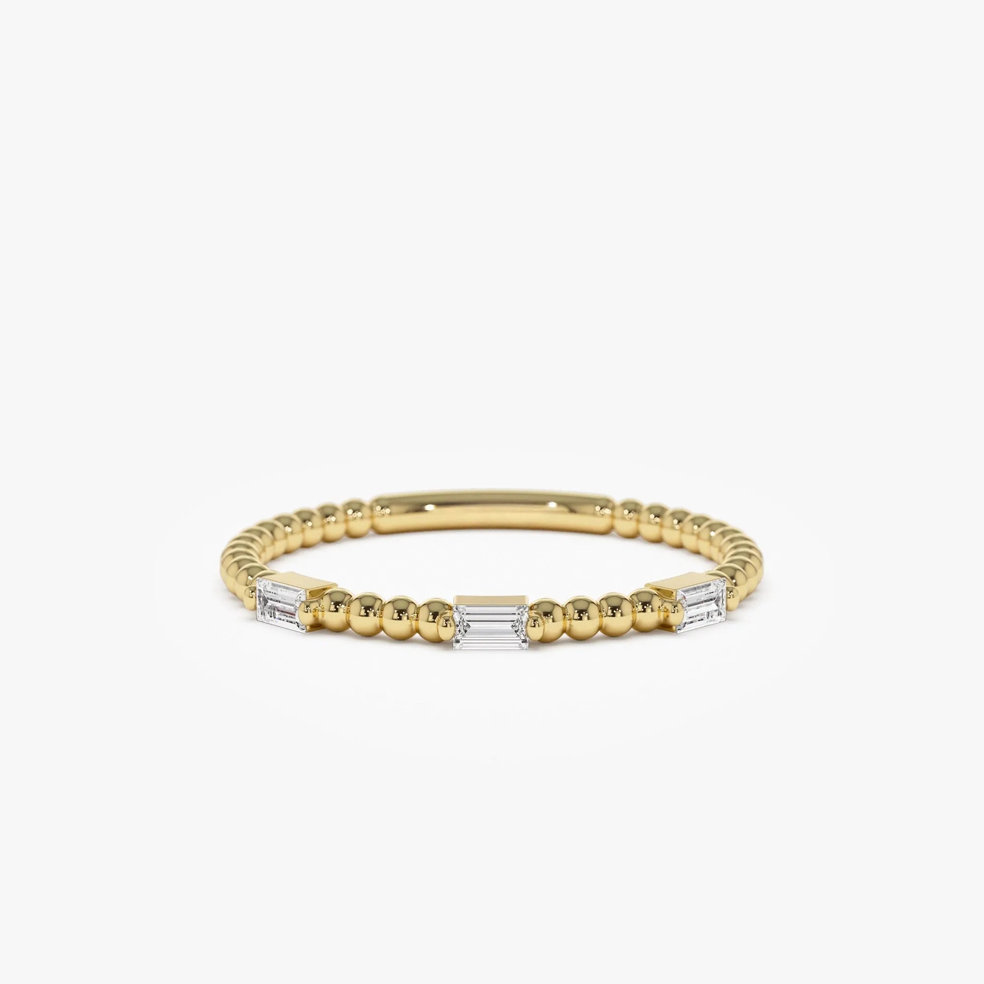 14K Solid Gold Baguette Diamond Beaded Minimalist Ring 0.12 CTW