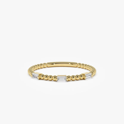 14K Solid Gold Baguette Diamond Beaded Minimalist Ring 0.12 CTW