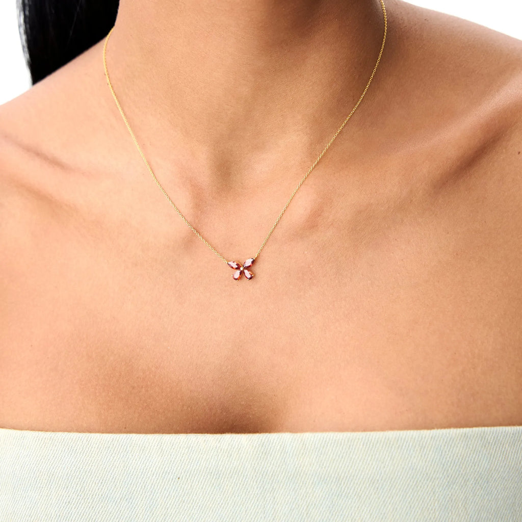 14k Solid Gold Garnet Pear and Marquise Butterfly Necklace 1.25 Carat