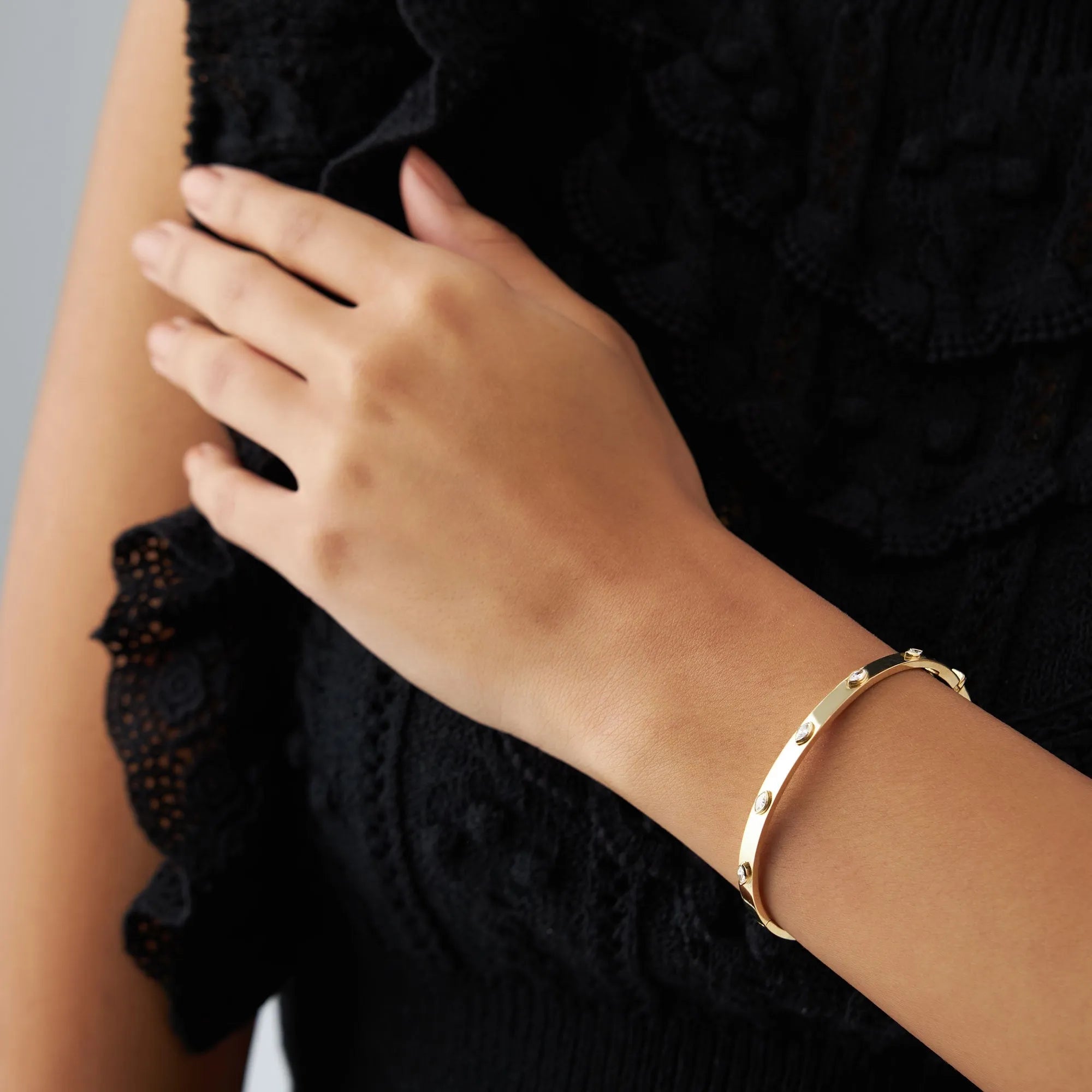 14K Solid Gold 0.30 CTW Marquise Diamond Bezel Set Bangle
