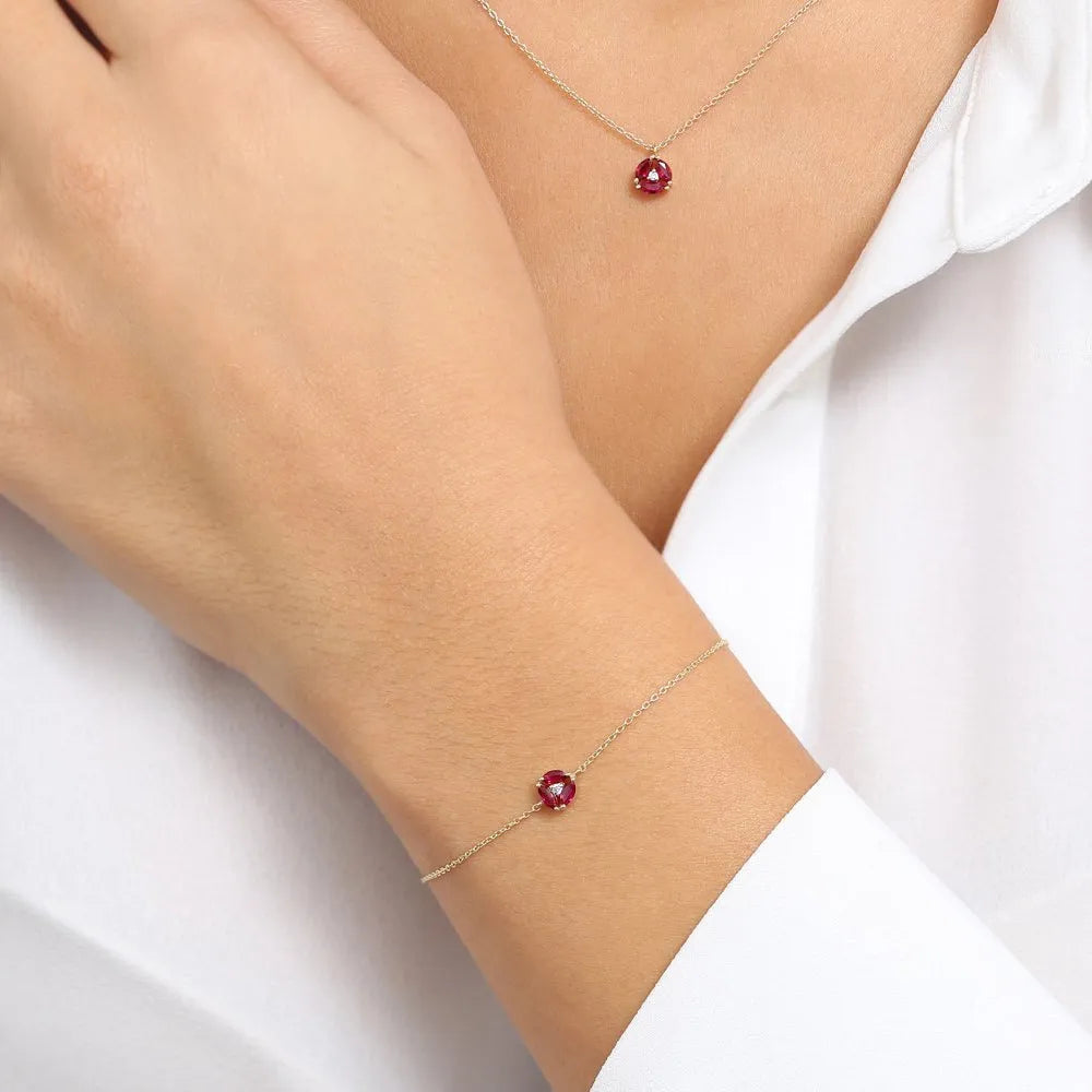 14K Solid Gold 0.30ctw Marquise Ruby and Round Diamond Cluster Bracelet