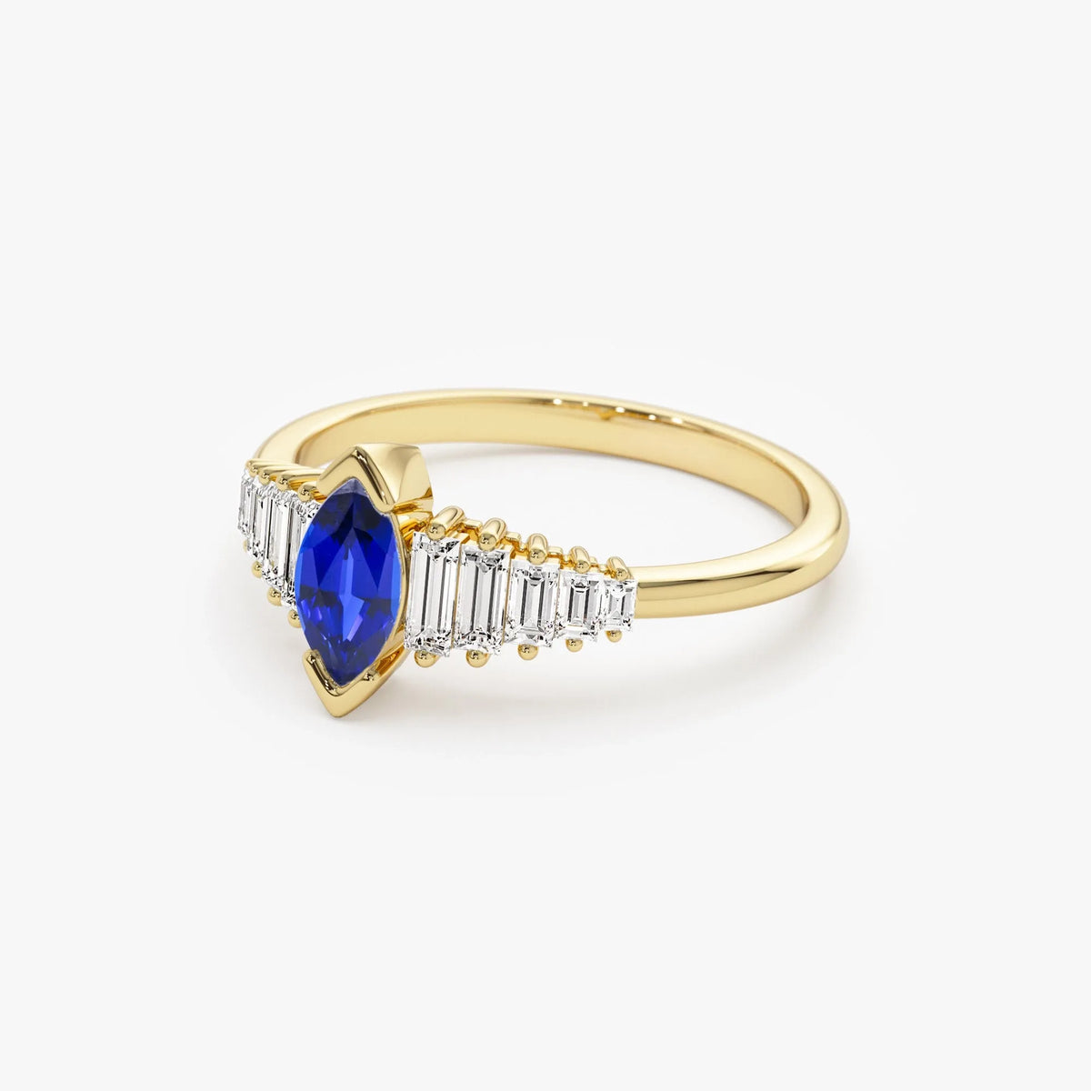 14k Gold Sapphire and Diamond Marquise and Baguette Cut Ring 0.83 ctw