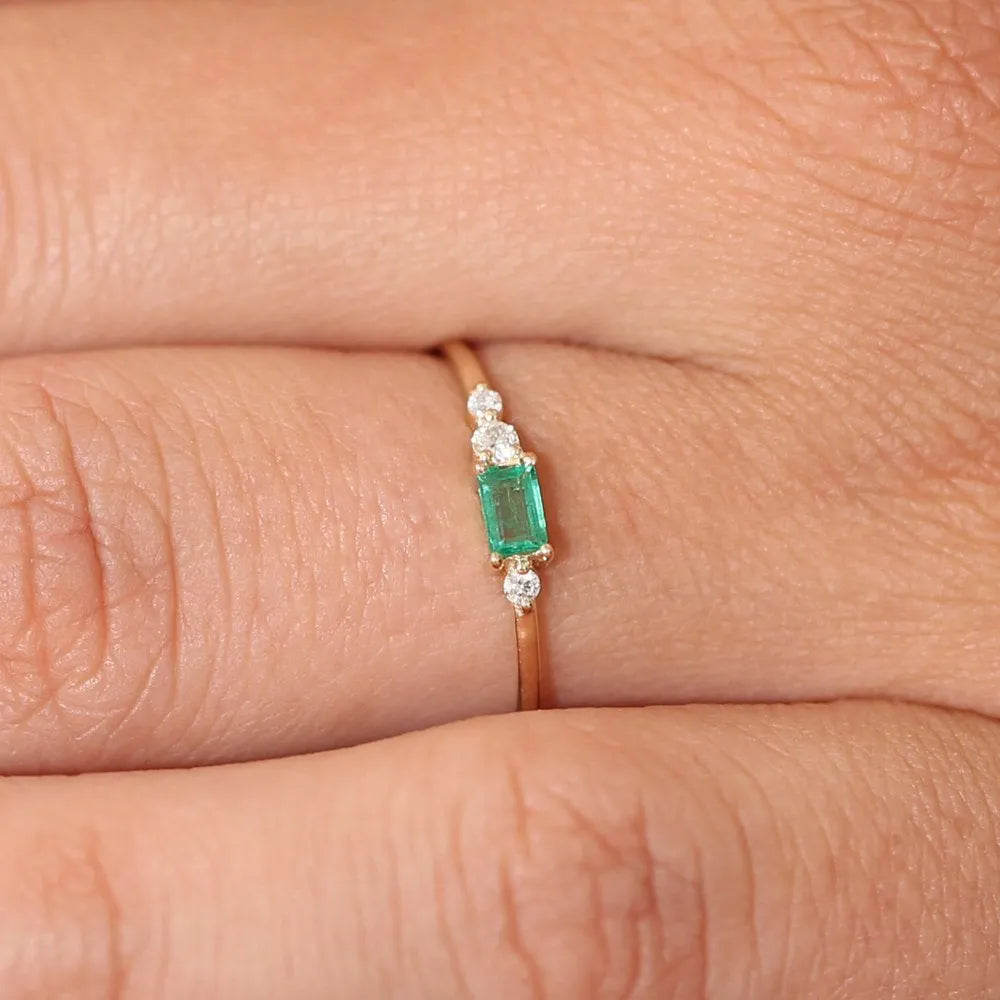 14K Solid Gold Baguette Emerald and Round Diamond Ring 0.23 CTW Handcrafted Jewelry