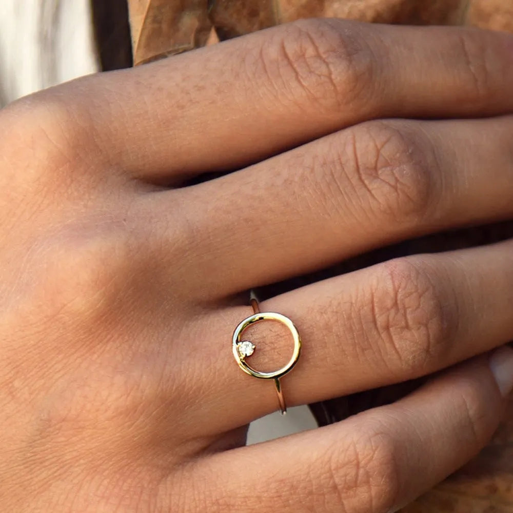 14K Gold Round Cut Diamond Open Circle Ring 3 Prong Setting 0.05ctw