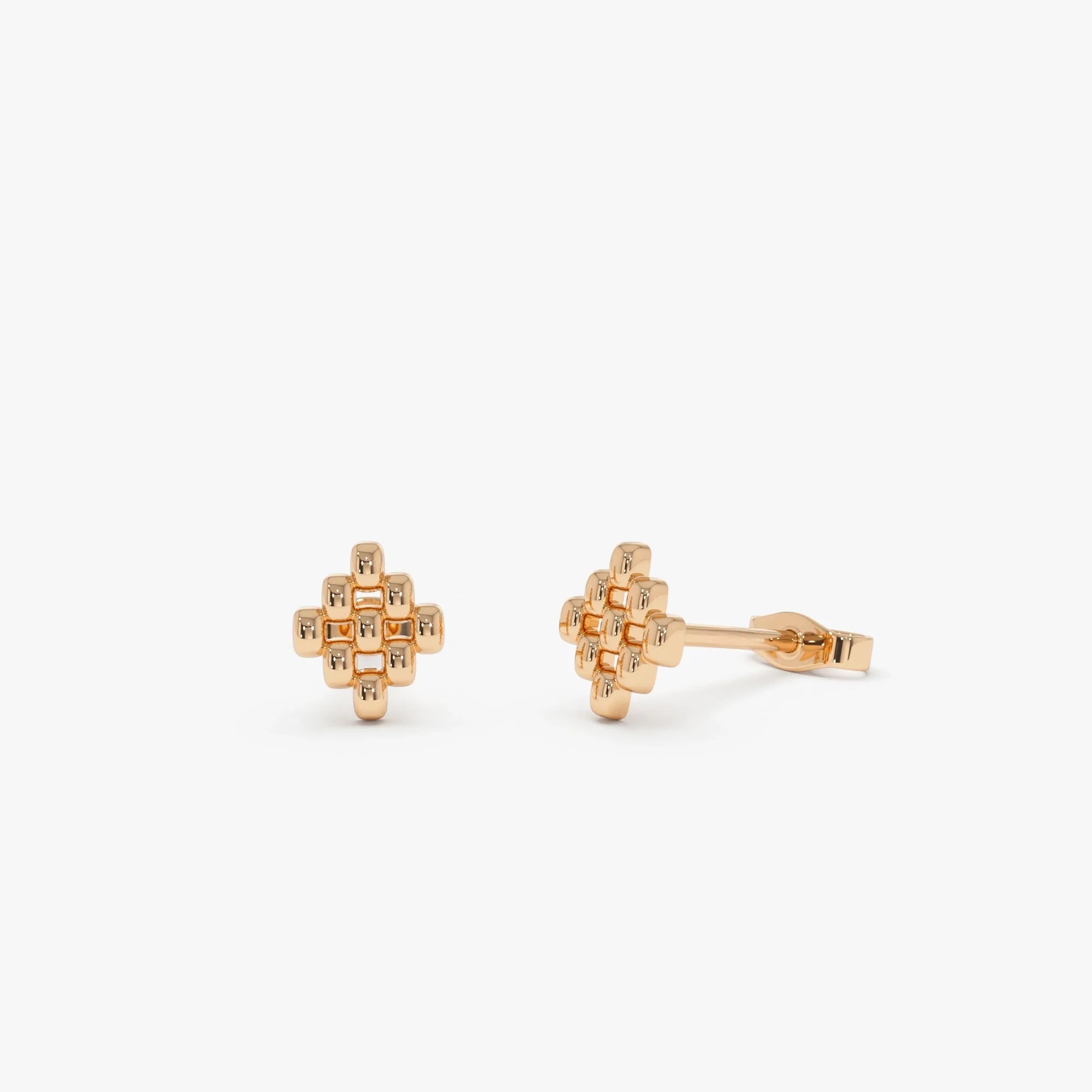14k Solid Gold Geometric Beaded Stud Earrings 7.45mm