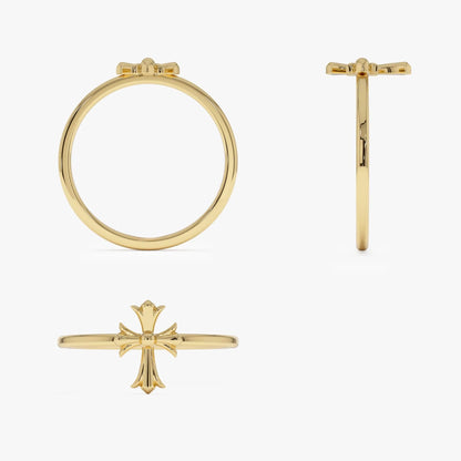 14k Gold Cathedral Cross Ring Wide Band with 9.2mm Motif
