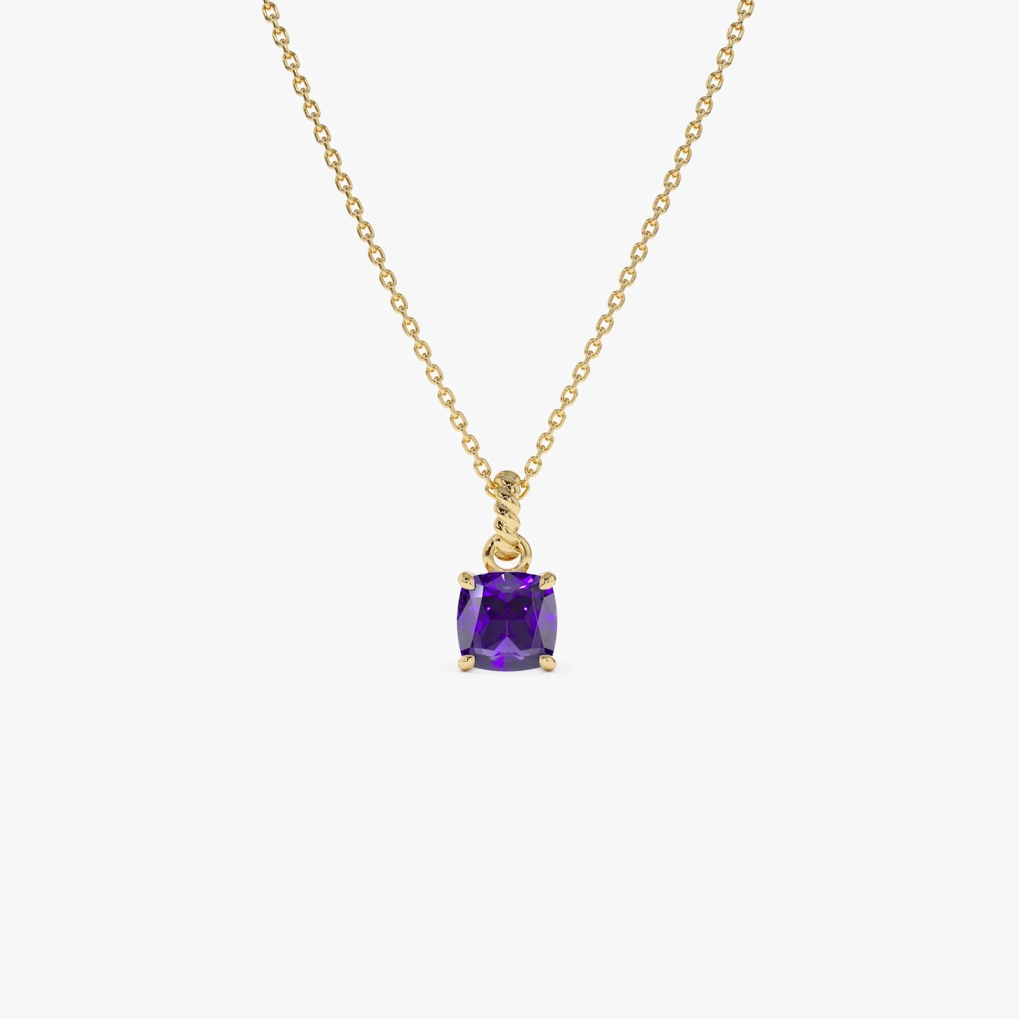 14k Solid Gold Amethyst Cushion Cut Solitaire Necklace 0.95 Carat