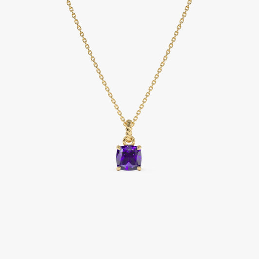14k Solid Gold Amethyst Cushion Cut Solitaire Necklace 0.95 Carat