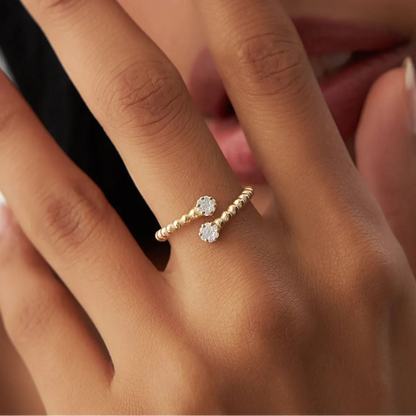 14k Solid Gold Round Diamond 0.14 ctw Beaded Open Bypass Illusion Ring