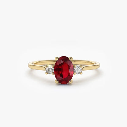 14k Gold Ruby and Diamond Oval and Round Cut Three Stone Ring 0.77 ctw