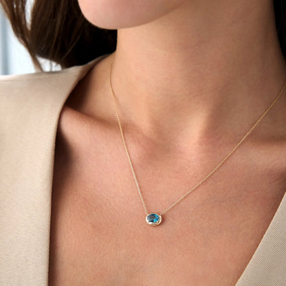 14k Solid Gold London Blue Topaz Oval Necklace 0.85 Carat Prong Setting