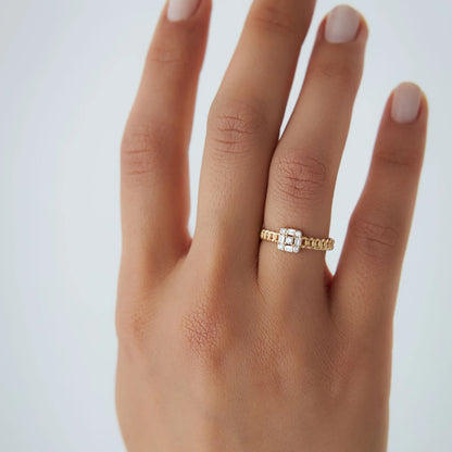 14K Solid Gold Baguette Diamond 0.20 Carat Curb Link Illusion Setting Ring
