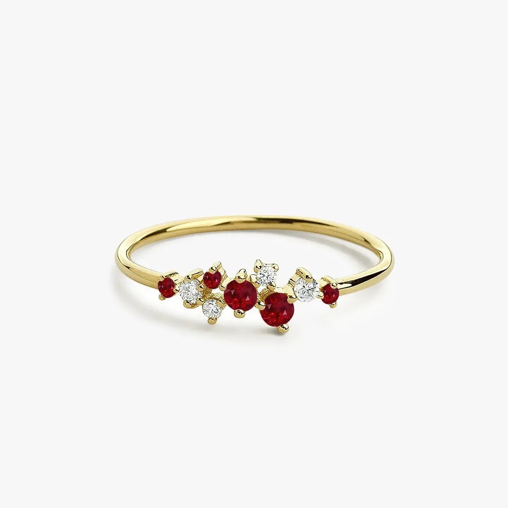 14k Gold Ruby and Diamond Round Cut Cluster Ring Prong Setting 0.35 ctw