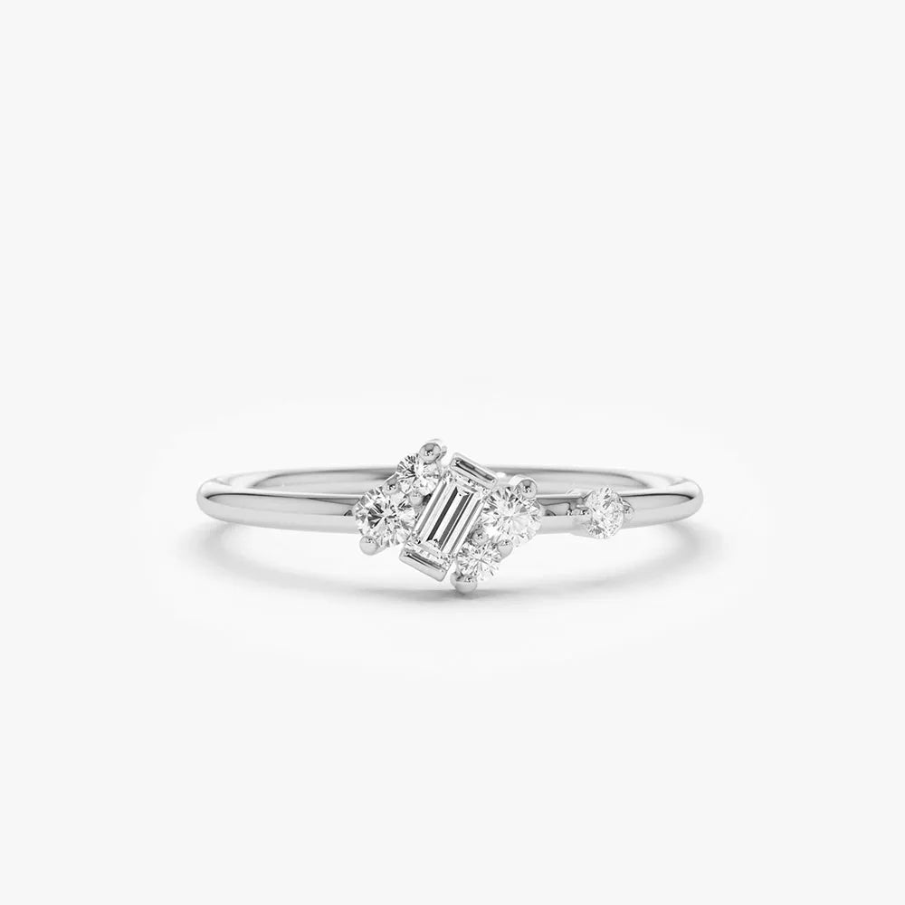 14K Solid Gold 0.15 Ctw Slanted Baguette and Round Diamond Asymmetrical Ring