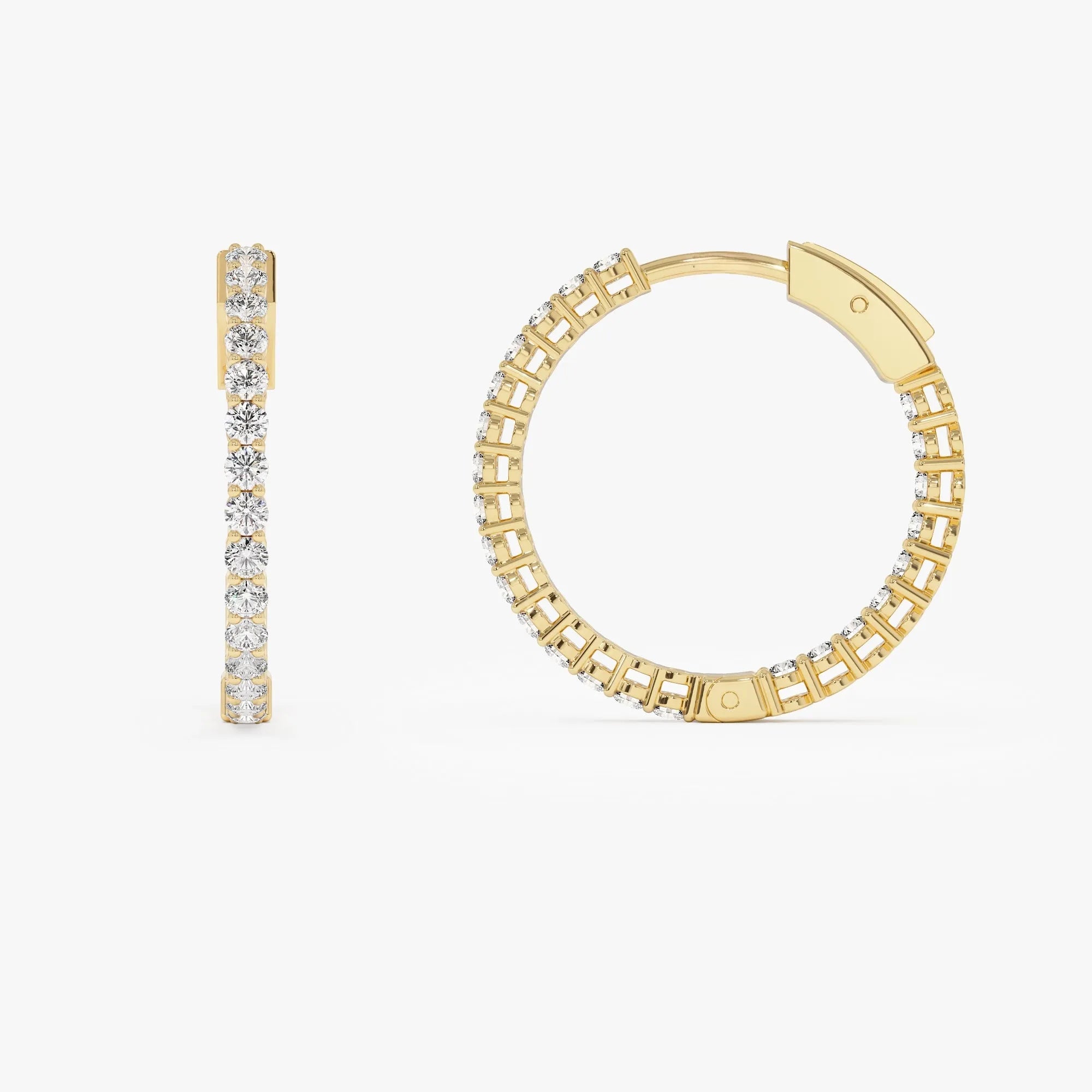 14k Gold Diamond Round Cut Inside Out Hoop Earrings Prong Setting 0.99 ctw