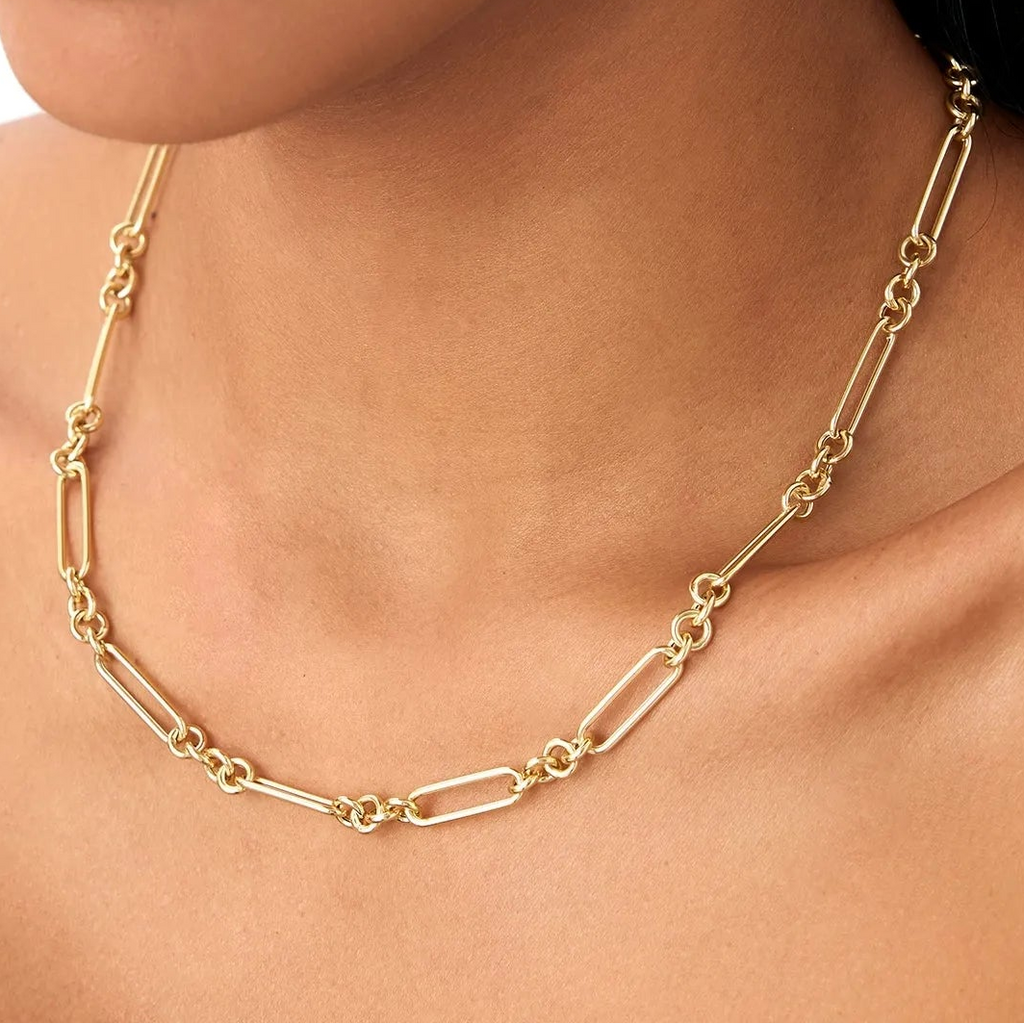 14k Solid Gold Mixed Round and Oval Paperclip Link Bolo Chain Necklace