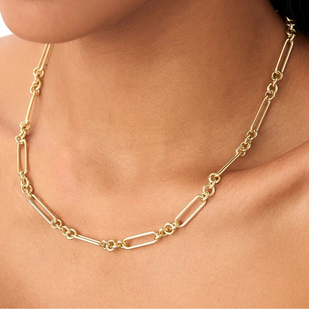 14k Solid Gold Mixed Round and Oval Paperclip Link Bolo Chain Necklace