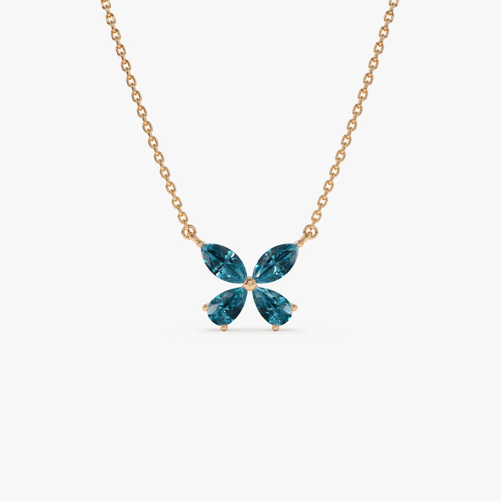 14k Solid Gold London Blue Topaz Pear and Marquise Butterfly Necklace 1.21 Carat