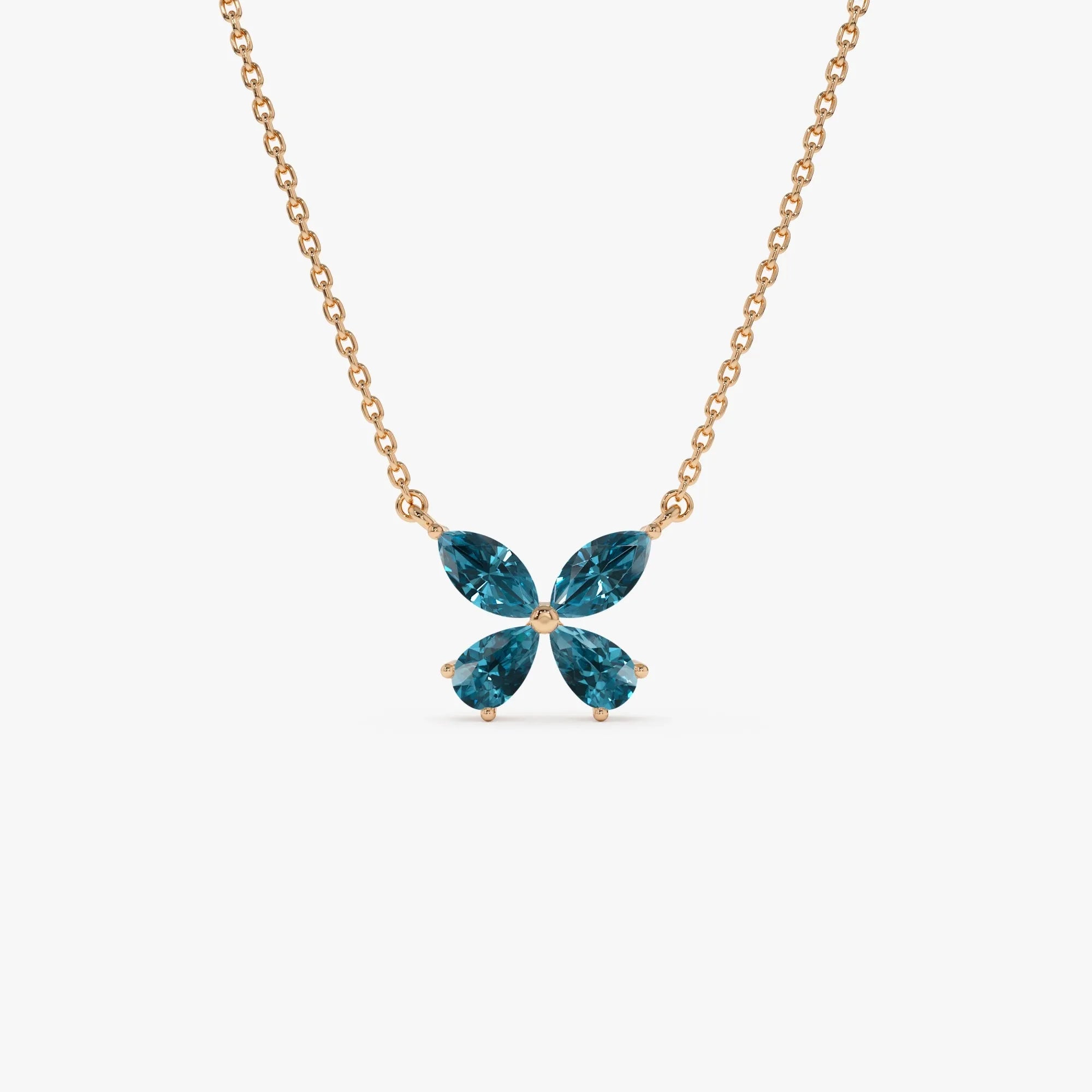 14k Solid Gold London Blue Topaz Pear and Marquise Butterfly Necklace 1.21 Carat
