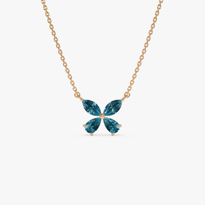 14k Solid Gold London Blue Topaz Pear and Marquise Butterfly Necklace 1.21 Carat