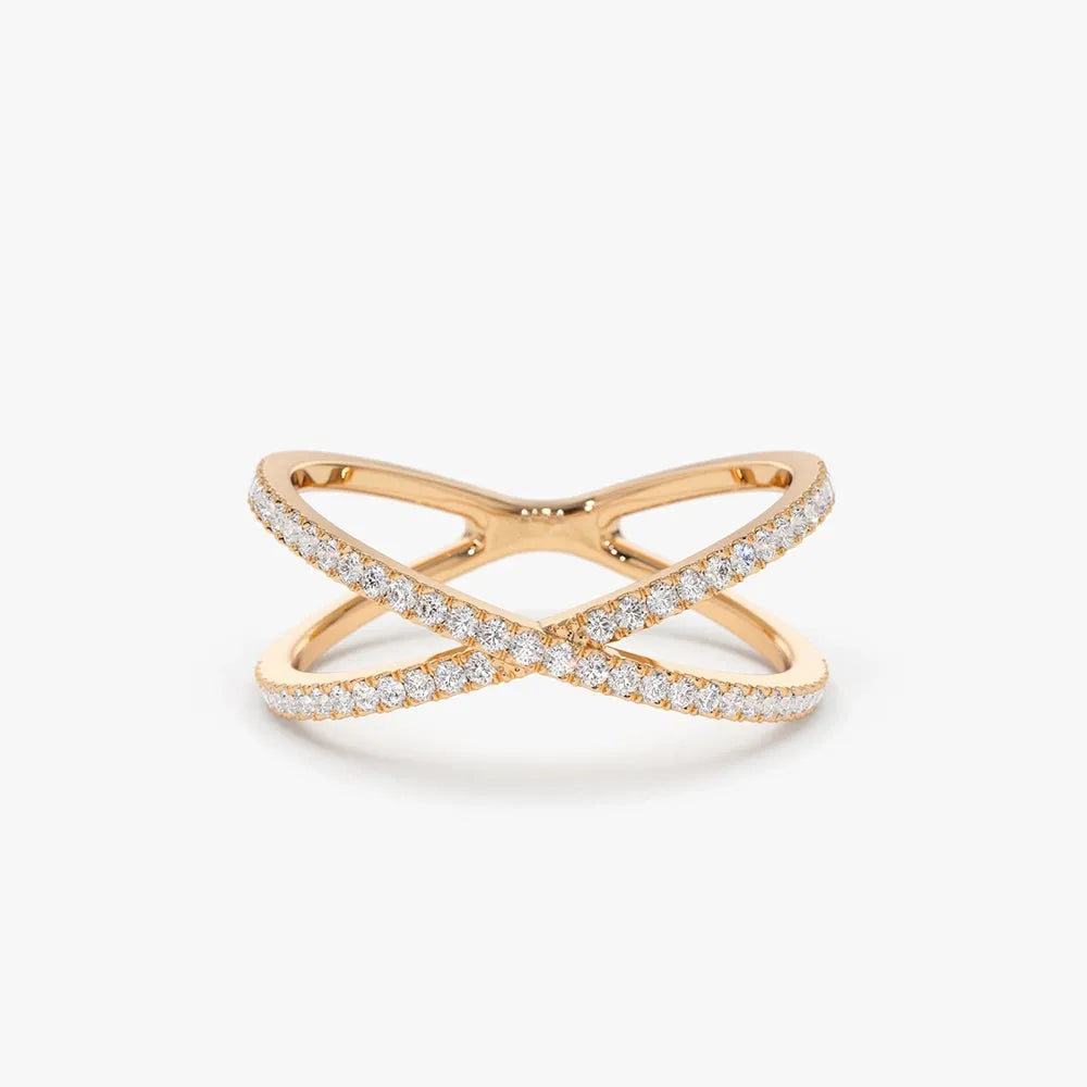 14K Gold Round Diamond Micro Pave Criss Cross Ring