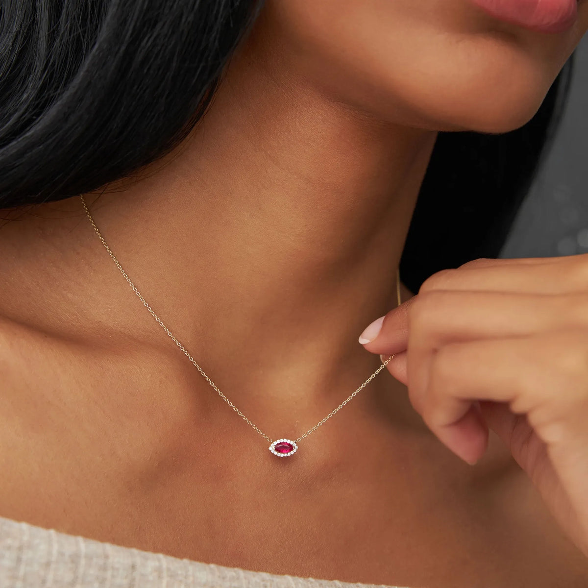 14k Solid Gold Ruby and Diamond Marquise Round Halo Necklace 0.30 Carat Prong Setting