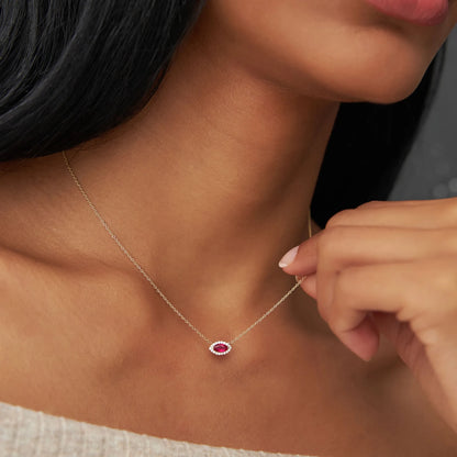 14k Solid Gold Ruby and Diamond Marquise Round Halo Necklace 0.30 Carat Prong Setting
