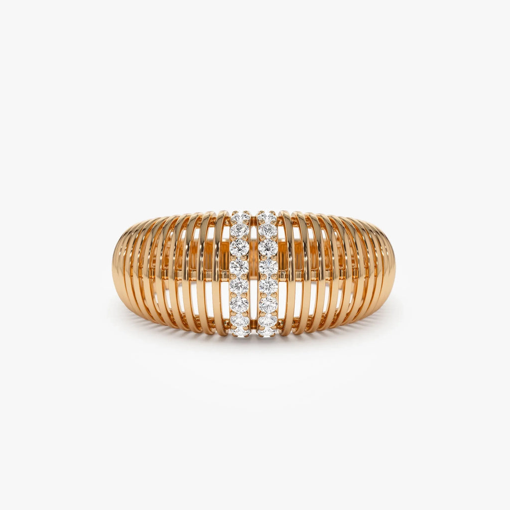 14k Solid Gold Round Diamond 0.18 Carat Ribbed Dome Statement Ring
