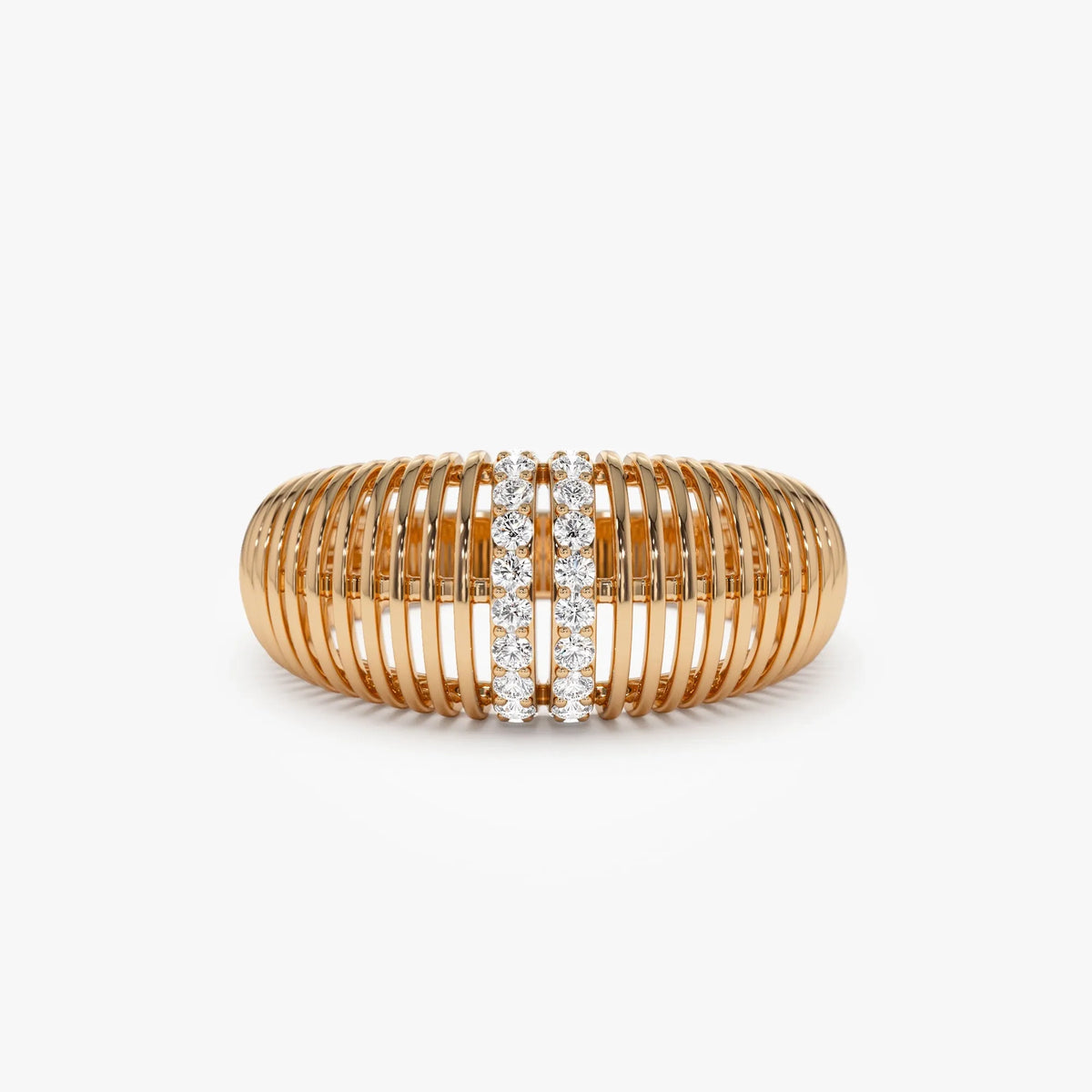 14k Solid Gold Round Diamond 0.18 Carat Ribbed Dome Statement Ring
