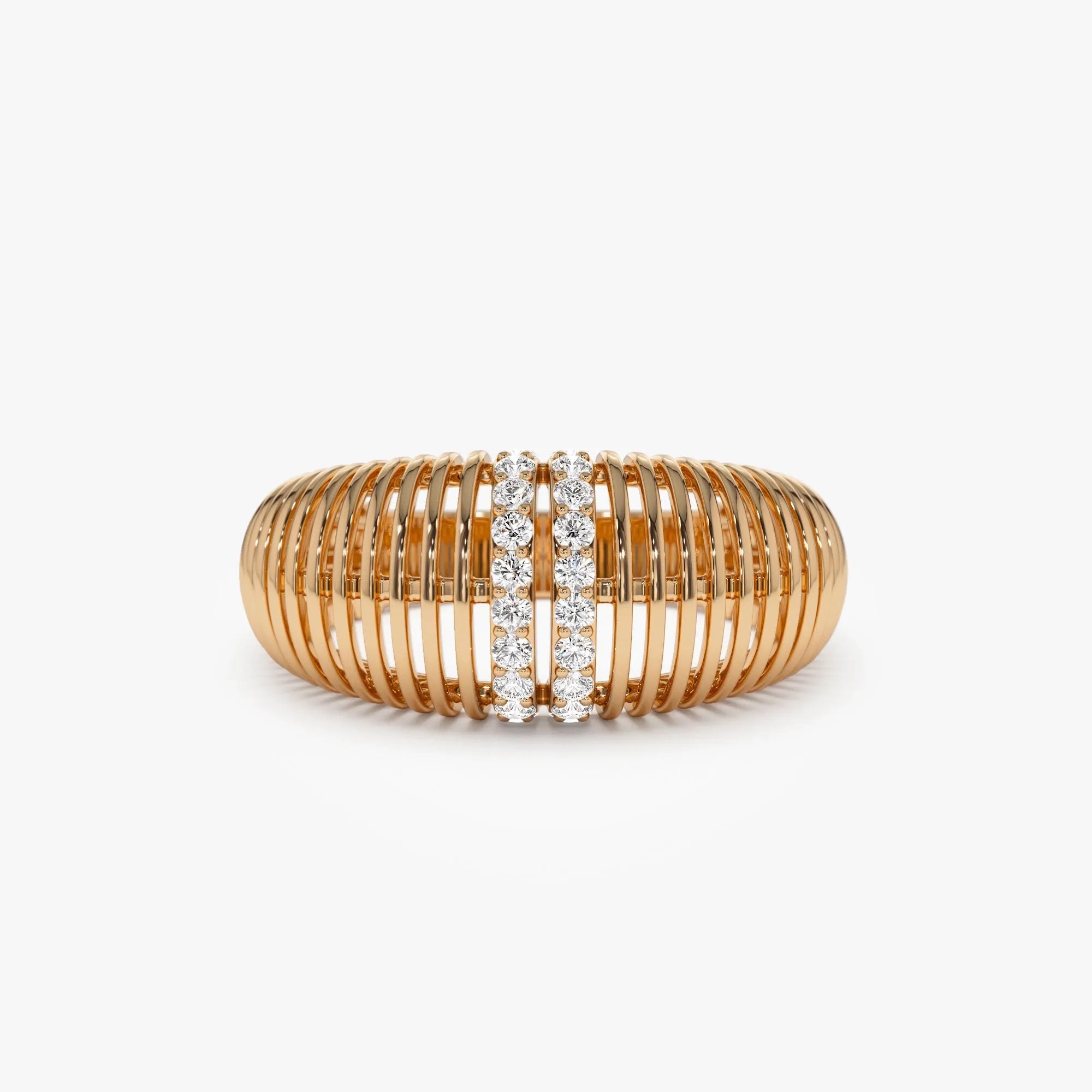 14k Solid Gold Round Diamond 0.18 Carat Ribbed Dome Statement Ring