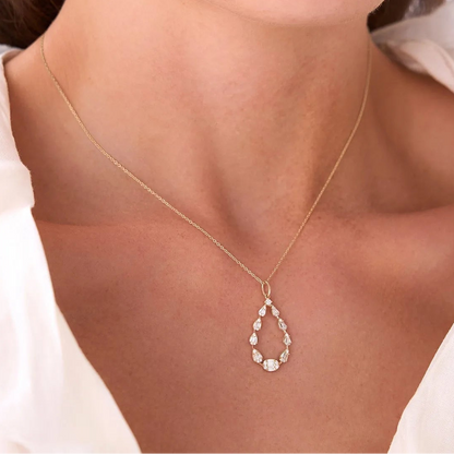 14K Solid Gold Round and Baguette Diamond Pear Shape Pendant Necklace 0.47ctw