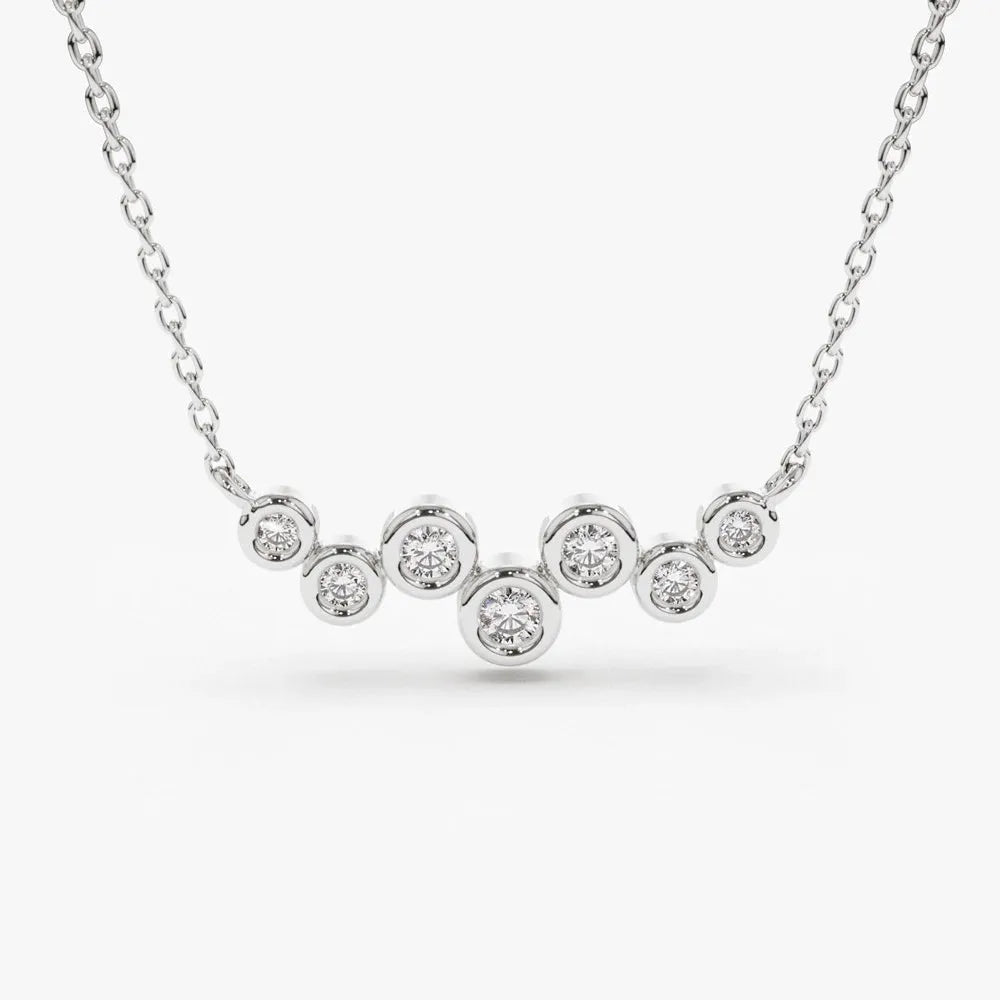 14K Solid Gold Round Diamond 7 Stone Floating Bubble Necklace Bezel Set 0.30ctw
