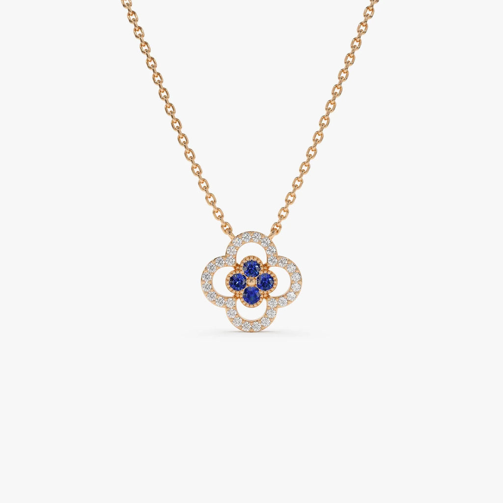 14k Solid Gold Sapphire and Diamond Round Clover Halo Pendant Necklace