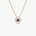 14k Solid Gold Sapphire and Diamond Round Clover Halo Pendant Necklace