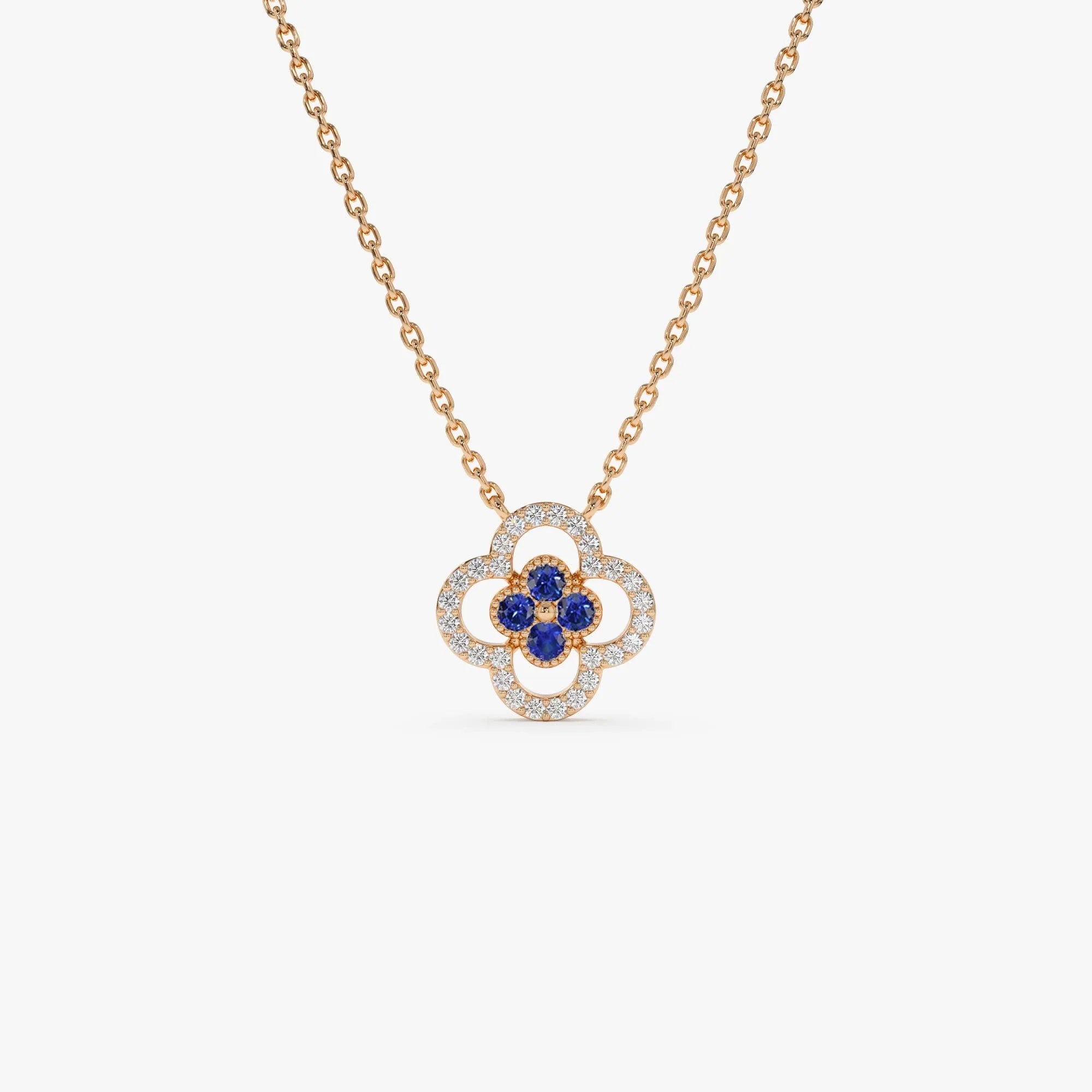 14k Solid Gold Sapphire and Diamond Round Clover Halo Pendant Necklace